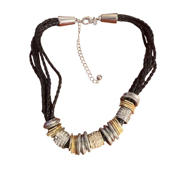 Chunky Chicos Necklace Black Braided Leather Mixed Metal Beads Multi Strand Adj - Picture 1 of 6